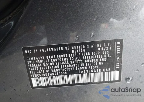 2021 Volkswagen Jetta 1.4T R-Line/1.4T S/1.4T Se z USA, uszkodzony, nr VIN 3VWC57BU3MM081339